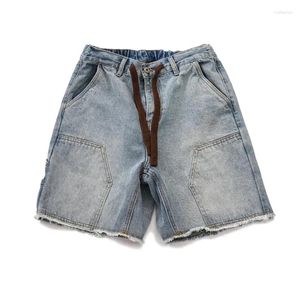 Men's Jeans Washed Denim Elastic Waist Shorts Japanese Work Uniform Straight Tube Double Knee Logging Summer Pants Men