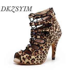 skor dkzsyim kvinnor latin dansskor balsal leopard tryck damer professionella dansskor laceup sandaler klackar festdans stövlar