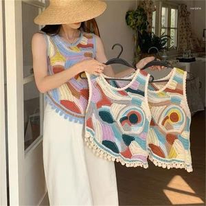 女性の戦車夏の旅行シーサイドかぎ針編みTシャツ甘いスプリングベスト半袖刺繍花パターンニットトップドロップ