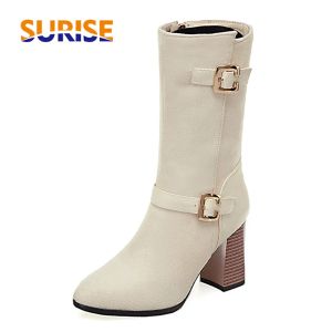 Boots Plus Size Shoes Women Midcalf Boots Black Beige Flock High Block Heels Winter Ladies Pointed Toe Zipper Plush Half Boots