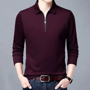 Smart Casual Mens Solid Polo Shirt Spring Autumn Long Sleeve Zipper Collar Business Fashion Loose Polos Tops Clothing 240323