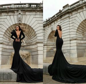 2024 Cheap Black Mermaid Evening Dresses Deep V Neck Long Sleeve Prom Dress Sexy Backless Sweep Train Party Wear robes de