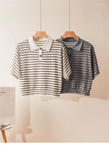 Women's T Shirts 2024 Summer Women Striped Knit Tee Top Wool Silk Blend Short Sleeve Turn-Down Collar Button Ladies Knitwear