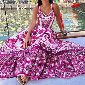 Basic Casual Dresses JAMERAY 2024 Summer Runway Red and White Porcelain Printed Long Maxi Beach Dress Womens Shoulder Strap Sun Dress Q240322