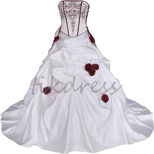 ヴィンテージ刺繍ゴシックウェディングドレス2024セクシーなストラップレスプリーツコルセット3Dフローラル教会ウェディングドレス