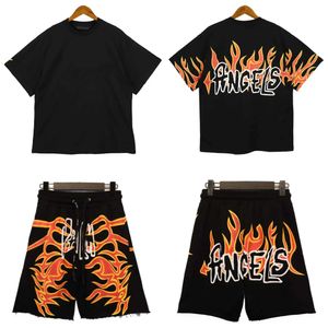 Herr t-shirts sommar män brev shorts t-shirt bomull löst byxor streetwear andningsbara svettbyxor unisex knä längd eld sportkläder j240322