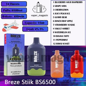 Breze Stiik BS6500 Puff Einweg-Vape-Stift, 2 % 5 % Konzentration, 6500 Puffs, 12 Geschmacksrichtungen, 15 ml vorgeladene Kartusche, 400 mAh wiederaufladbare elektronische Zigarette