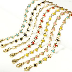 Chains 304 Stainless Steel Handmade Link Chain Necklace For DIY Jewelry Making Heart Gold Color Double-sided Enamel 45cm(17 6/8") Long