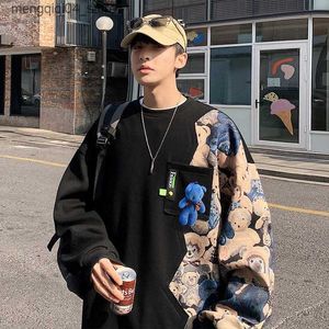 Moletom Com Capuz Masculino Hybskr Streetwear Contraste Cor Urso Impresso Homens Harajuku Oversized Outono Masculino Pullovers Patchwork O Pescoço Q240322