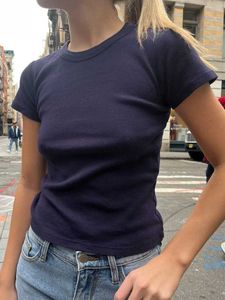 Camiseta feminina feminina sólida retro ultra-fino bonito em torno do pescoço de manga curta algodão y2k colheita topo harajuku verão básico casual camiseta topo 240322