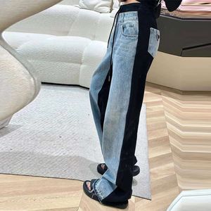 High End P Family 24SS Early Spring New Denim&cotton Patchwork Color Long with Triangular Hardware Decoration Denim Casual Pants