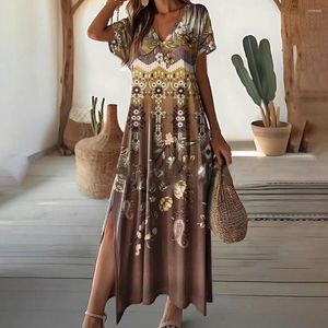 Sıradan elbiseler retro baskı elbise uzun renkli v boyun maxi kadınlar için etnik tarzı ayak bileği uzunluğu plaj tatil