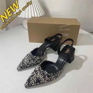 Cheap Store 90% Off Wholesale Za Spanish Womens Shoes Black and White Single Woven Material Pointed Toe Baotou Thick Heel High Sandals Back Trip