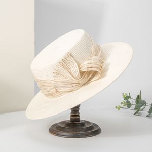 2024 New Japanese Paper Straw Flat Top Hat with Pearl embellishments and Silk Hemp Decoration for Sun Protection and Sun Protection