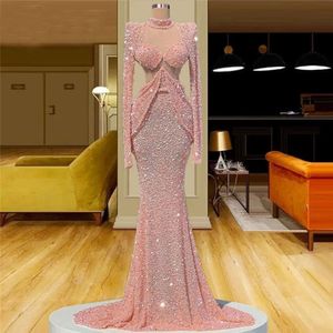 Pärlor Dubai Pink Evening High Neck Long Sleeve Sweet Mermaid Prom Dress Födelsedagsklänningar