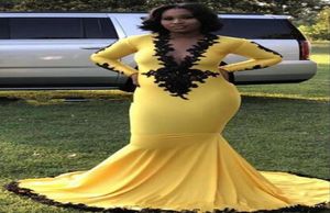 Amarelo sul africano sereia vestidos de baile manga longa profundo decote em v renda cetim varredura trem vestidos de noite plus size festa dress3719345