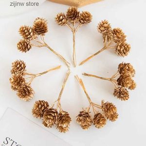Faux Floral Greenery 6Pcs Artificial Plants Golden Fake Pinecone For Christmas Tree Decoration Wreaths Accessory Diy Wedding Home Decor Mini Bouquet Y240322