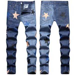 Hösten 2022 Hip Hop Style Dubbel tvätt tung industrikattkatt med full spray tryckt fem spetsiga stjärna små raka ben jeans