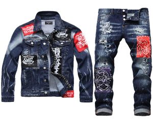 2020 Men039s Sets Autumn and Winter Slim Printed Patch Jeans Två stycksuppsättningar för män Stretch Denim Jacket Ripped Hole Skinny J5405819