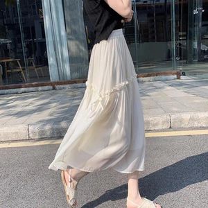 Юбки 2024 Длинная юбка с эластичной резинкой на талии Элегантная высокая корейская мода на весну и лето с рюшами