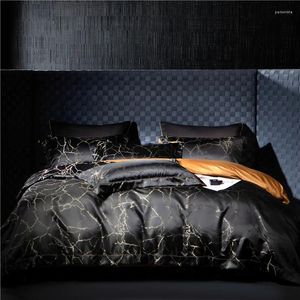 Set di biancheria da letto 4/6 pezzi di lusso nero argento stile arte marmo tinto in filo jacquard set copripiumino in cotone egiziano federe piatte/con angoli