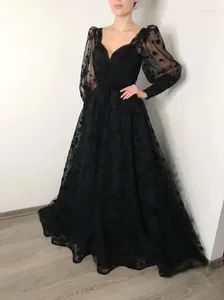 Abiti da festa Abiti da sera in pizzo nero Elegante scollo a cuore gonfi maniche lunghe abiti da ballo formali Abito da donna