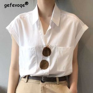 女性用Tシャツレトロレトロシンプルホワイトボタンアップシャツ夏ファッション半袖ゆるんでシックなシャツY2Kストリート衣料コットントップブルーサ良い製品240322