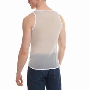 Herrtankstoppar män glänsande mesh muskelväst sexig genomskinlig undertröja manlig gym fitness mjuk transparent ärmlös t-shirt