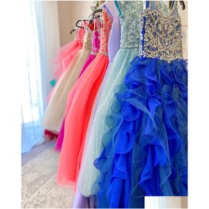 Girls Pageant Dresses Red Chiffon Girl Dress 2023 A-Line Strapless Beaded Crystals Bodice Little Kid Birthday Formal Party Gown Todd Dho4D