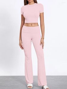 Women's Two Piece Pants 2 Summer Outfits Short Sleeve Pullover T-shirts Cropped Top And High Waist Lounge Sets Tracksuits Clothes