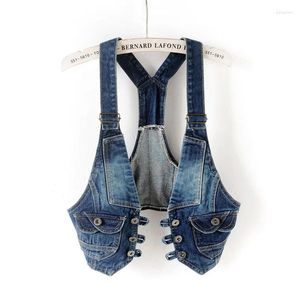 Women's Vests Vintage Blue Sling Denim Vest Women Spring Summer Waistcoat Sleeveless Jacket Coat Moto & Biker Slim Short Jeans Female