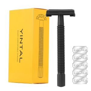 Razor Yintal mässing Matt svart stålbeläggning Säkerhet Rakkniv Långhandtag Butterfly Open Classic Safety Razor Men rakar rakappar 5 blad