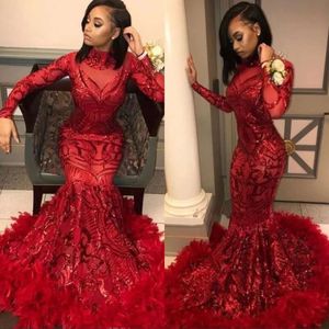 Mermaid Red Lace Long Sleeves Prom Party Dresses Sequins Applique Feather Sweep Train Formal Evening Wear Gowns