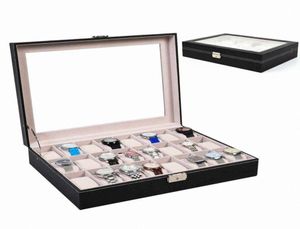 24 Slot Leather Watch Box Jewelry Large Storage Space Organizer wGlass Top AOmV2898260