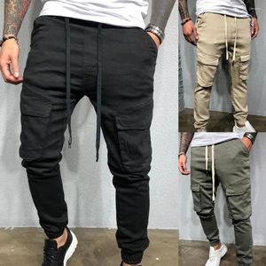 Men's Pants Handsome Cargo Skin-Touch Multi Pockets Ribbed Elastic Cuffs Training Slacks For Outdoor Sports