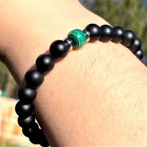 MG2100 8 MM Preto Fosco Onyx 3A Grau Malaquita Pulseira Mens Vintage Design Proteção Energética Pulso Mala