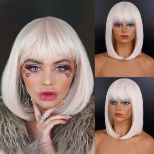 Wigs Synthetic Wig Short Straight With Bangs Pink Black Purple Blond White Wig Female Short Bob Halloween Christmas Party Cosplay Wig