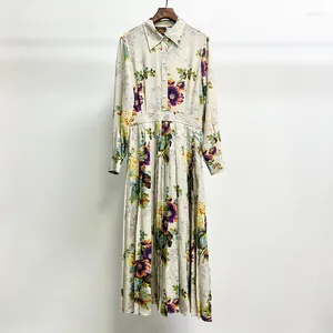 Casual Dresses Women Fashion Floral Printed Long Sleeve Turn-down Collar Maxi Dress Elegant Lady All Match Pleated Female Prom Gown
