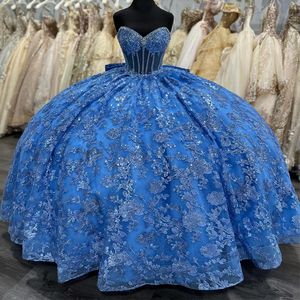 Sky Blue Shiny fuori dalla spalla Quinceanera Dress Abito da ballo Tulle Lace Applique perle del 16 ° compleanno Vestido de Chara 15 Anos