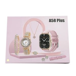 A58 Plus Orologio d'oro di lusso da donna Set regalo unico Collana d'oro da donna Anello Doppio cinturino Smart Watch da donna A58 PLUS A58