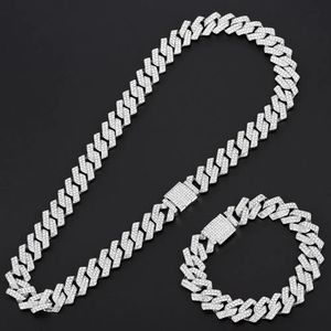 15mm Miami Prong Cuban Chain Link Silver Color Necklaces 2 Row Full Iced Out Rhinestones Bracelet Set for Mens Hip Hop Chains 240311