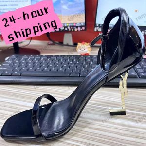 OPYUM Open Toe Stiletto Sandals for Women - Classic Black High Heels with Metal Letter Accents and Dust Bag 36-40 free shipping