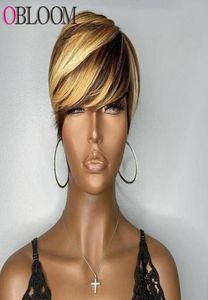 Evidenzia parrucca bionda corta con taglio pixie, parrucche di capelli umani con frangia, parrucche brasiliane per donne nere, realizzata a macchina completa43341996438483