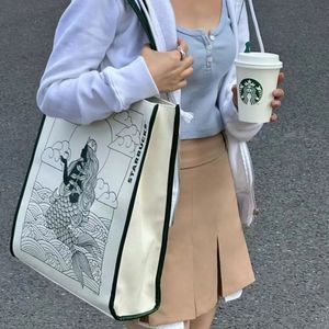 2024 Yeni Starbucks Designer Moda Açık Seyahat Tote Çanta Omuz Çantaları Spor Fitness Yoga Büyük Kapasite Kadın Beyaz Yeşil Tuval Depolama Çantası