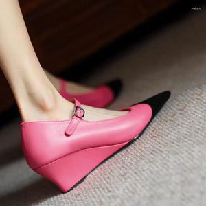 Dress Shoes Pointed Toe Wedge Leather For Women Buckle Strap Mixed Color Single Design Vintage Style Spring