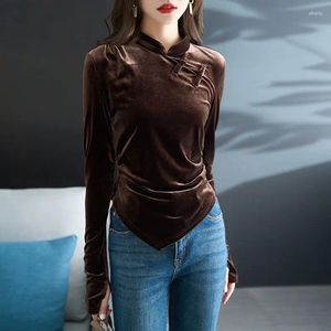 Ethnic Clothing 2024 Chinese Style Buttoned Bottom Shirt For Women Irregular Light Gold Velvet Top Vintage Daily Blouse