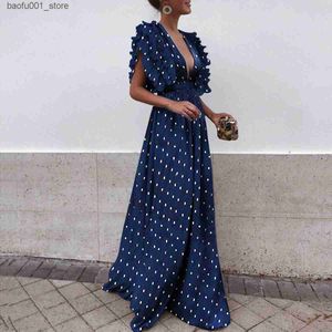 Basic Casual Dresses 2023 Dot Printed New fashion Pleat Cap Sleeves Long Women Party Evening Sexy Deep v Neck A line Floor Length Fashion Dress Q240322