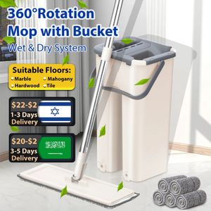 Flat Squeeze Mop Floor With Bucket Water Floors Cleaner Home Kitchen trägolv Moppar Lazy Fellow för tvättgolvmopp Mop 240315