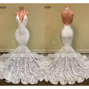 Style White Mermaid Prom Dresses Long Sexy Halter Backless Sparkly Sequin African Black Girl Formal Party Evening Gown BC