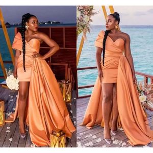 Orange Prom Dusty Dresses High Low Ruched Pleats One Shoulder Custom Made Plus Size Black Girl Evening Tail Party Gowns Vestido